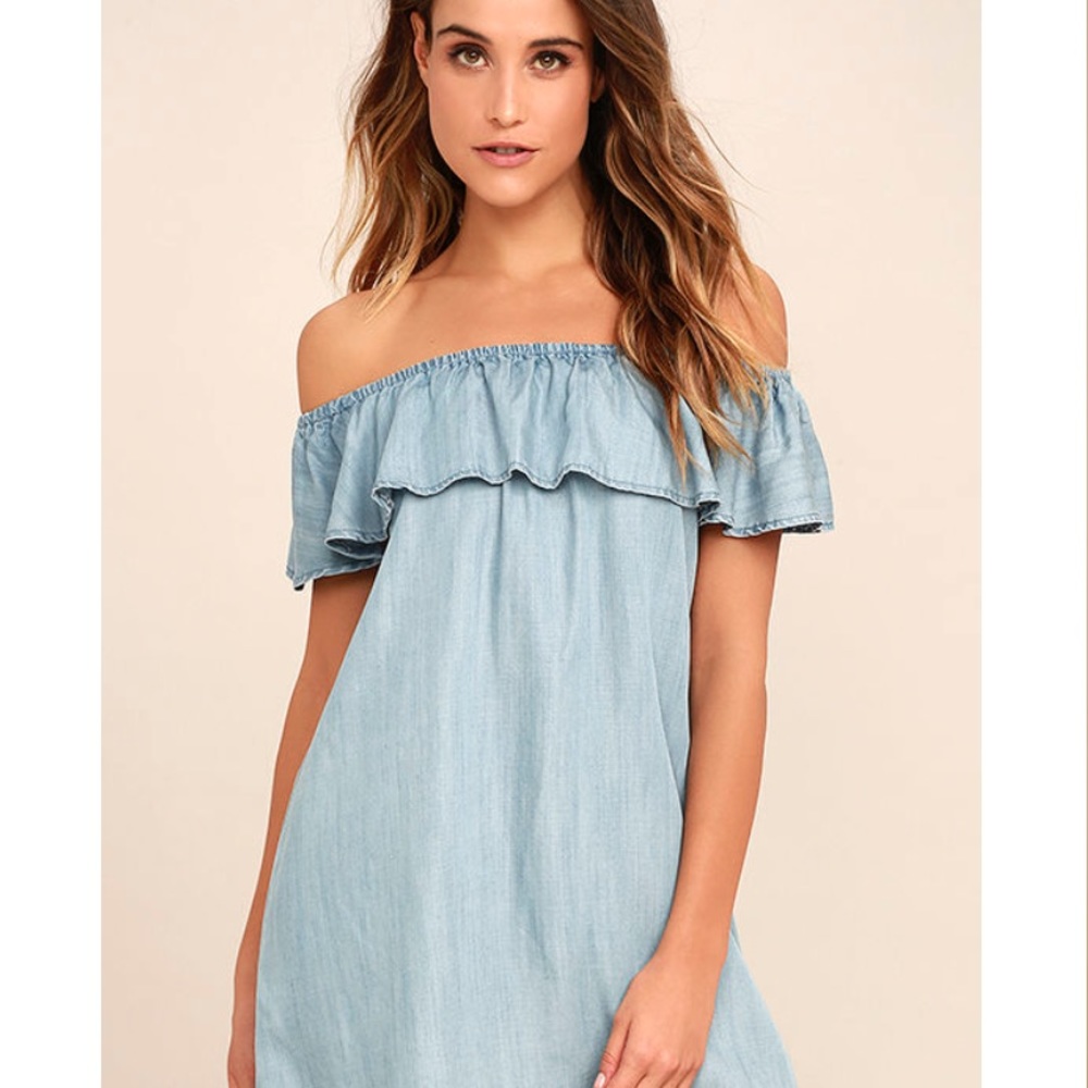 Lulus Light Blue Chambray Off-the-Shoulder Dress